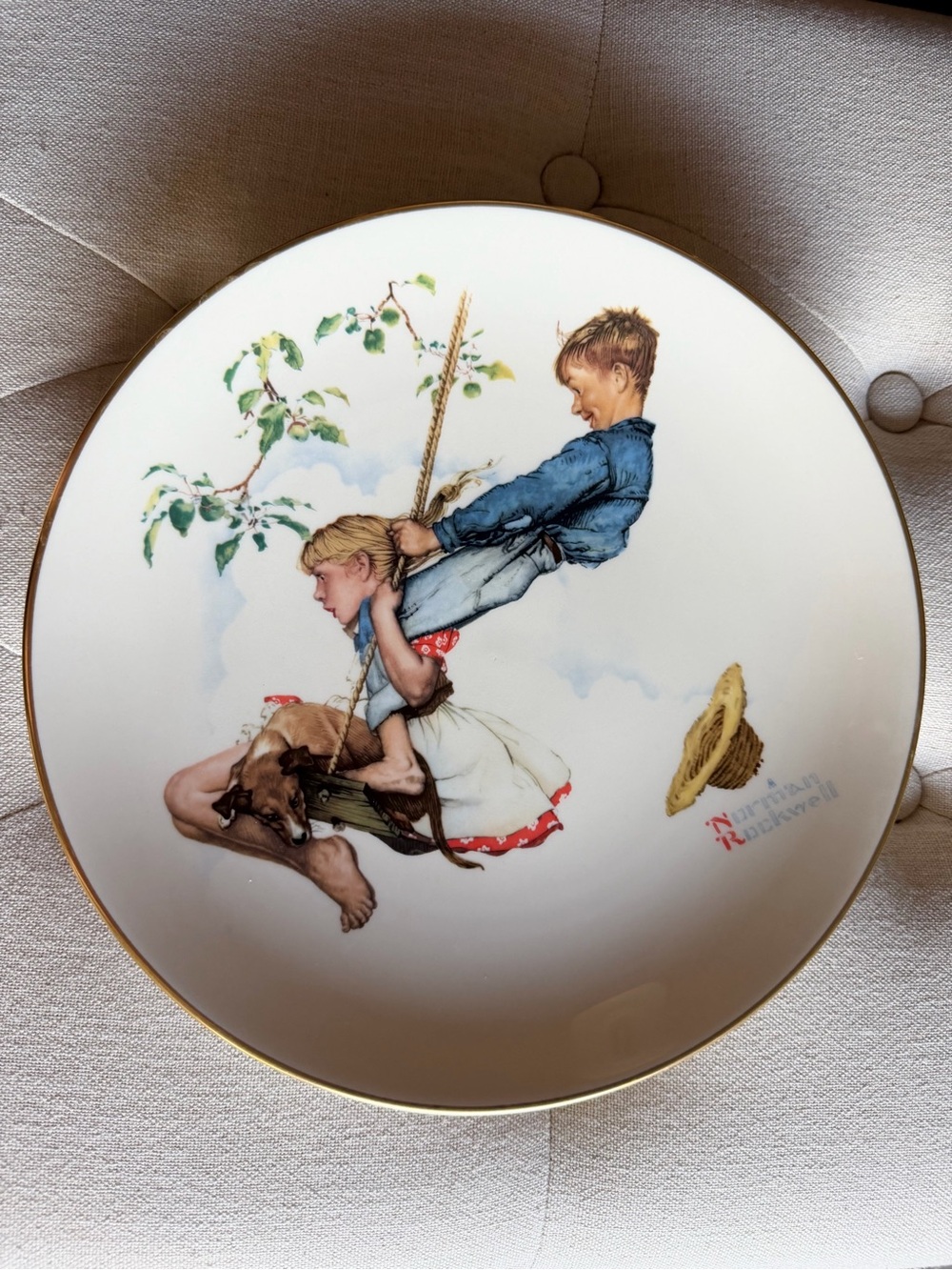 Norman Rockwell Plate with Blue, White, Red and Brown Accents